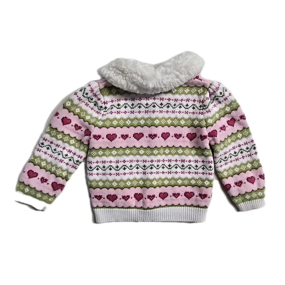 Gymboree Heart Pattern Cardigan Sweater FauxFur Collar Baby Girl 18-24 Month Y2K
